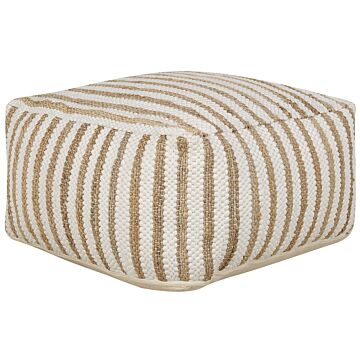 Pouffe Beige And White 60 X 60 X 30 Cm Jute Polyester Cotton Abstract Pattern Square Fabric Seating Pouffe Beliani