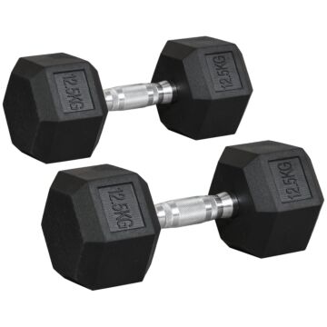 Homcom 2x12.5kg Rubber Hex Dumbbell Portable Hand Weights Dumbbell Home Gym Workout Fitness Hand Dumbbell