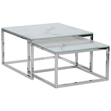 Nest Of 2 Coffee Tables White Top Marble Effect Silver Frame Tempered Glass Stainless Steel Legs Minimalist Glam Style Beliani