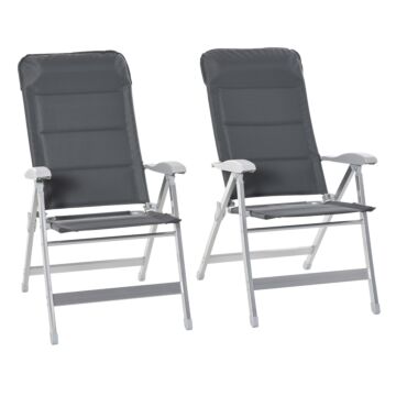 Outsunny 2 Pcs Patio Folding Dining Chair W/ Adjustable Back & Armrest Portable For Camping Garden Pool Beach Deck Grey