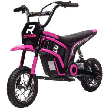 Homcom 24v Electric Motorbike, Dirt Bike With Twist Grip Throttle, Music Horn, 12" Pneumatic Tyres, 16 Km/h Max. Speed, Pink