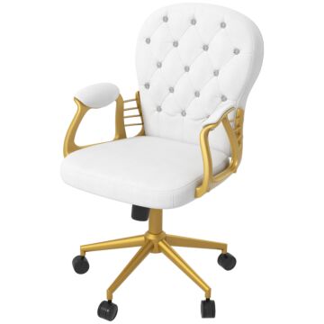 Vinsetto Height Adjustable Home Office Chair, Button Tufted Computer Chair With Padded Armrests And Tilt Function, Cream White