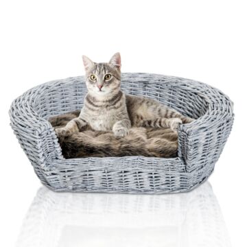 Pawhut Pet Basket Sofa Bed, 57lx46wx17.5h Cm, Willow Rattan-grey