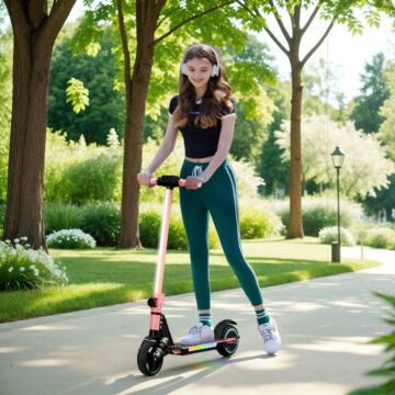 Sportnow Folding Electric Scooter For Kids Age 6-14 With Dual Brakes, Front Suspension, Led Colourful Lights And Display, 6.8kg Lightweight Aluminium E Scooter, Up To 14 Km/h & 6 Km, Pink