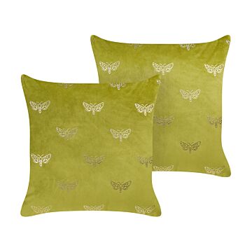 Set Of 2 Scatter Cushions Light Green Velvet 45 X 45 Cm Throw Pillow Butterfly Pattern Removable Cover With Filling Beliani