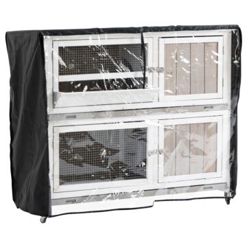 Pawhut Wooden Rabbit Hutch Two-tier Guinea Pig Cage Elevated Multi-door Pet House Bunny Cage W/ Rain Cover, Wheels, Slide-out Tray, Grey