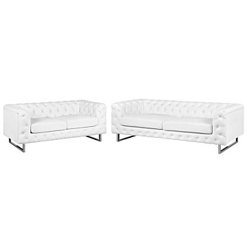 3 + 2 Seater Chesterfield Style Sofa Set White Tuxedo Arms Buttoned Back Silver Legs Faux Leather Beliani