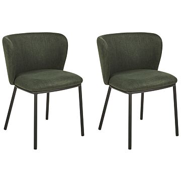 Set Of 2 Dining Chairs Dark Green Polyester Upholstery Black Metal Legs Armless Curved Backrest Modern Contemporary Design Beliani