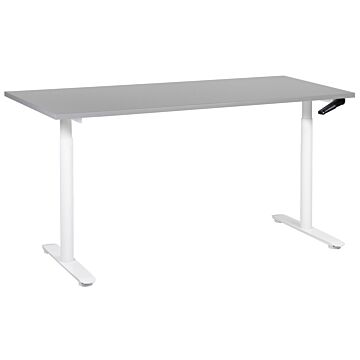 Manually Adjustable Desk Grey Tabletop White Steel Frame 160 X 72 Cm Sit And Stand Round Feet Modern Design Office Beliani