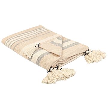 Throw Blanket Beige Cotton 130 X 170 Cm Striped Pattern Accessory With Decorative Tassels Handmade Beliani