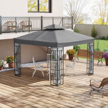 Outsunny 3 X 3(m) Patio Gazebo Canopy Garden Pavilion Tent Shelter With 2 Tier Roof And Mosquito Netting, Steel Frame, Grey