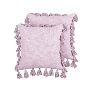 Set Of 2 Decorative Cushions Pink Cotton 45 X 45 Cm With Tassels Modern Boho Decor Accessories Beliani