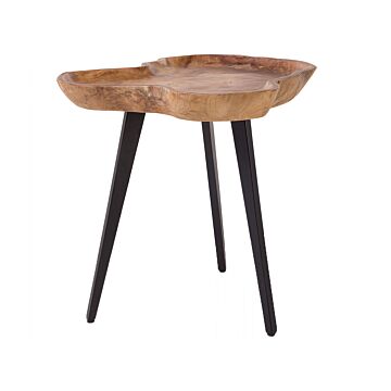Side Table Light Wood Teak Tripod Steel Base Tray Top Rustic Style Accent Table Beliani