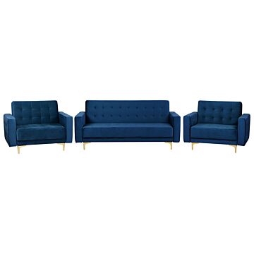 Living Room Set Navy Blue Velvet Tufted Fabric 3 Seater Sofa Bed 2 Reclining Armchairs Modern 3-piece Suite Beliani