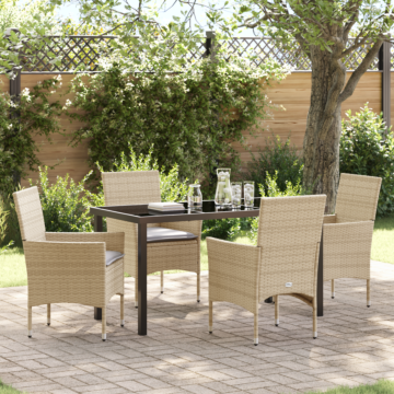 Vidaxl 5 Piece Garden Dining Set With Cushions Beige Poly Rattan, Vidaxl Garden Table Black 140x80x73 Cm Tempered Glass