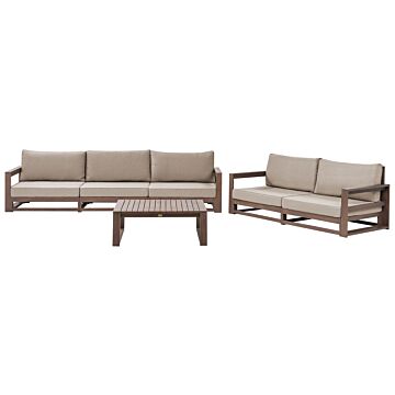 Garden Sofa Set Dark Wood And Taupe Acacia Wood Outdoor 5 Seater 2 Sofas With Coffee Table Cushions Modern Design Beliani