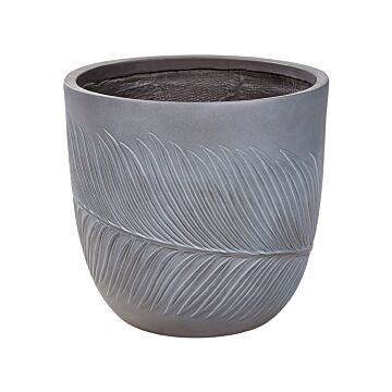 Outdoor Plant Pot Clay Fibre Grey 42 X 42 X 40 Cm Planter Round Uc Resistant Leaf Motif Traditional Beliani