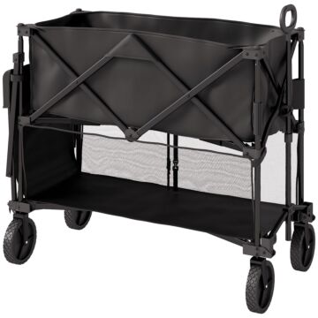 Outsunny Double Decker Folding Trolley On Wheels, 200kg & 350l Capacity Collapsible Wagon Festival Trolley Cart With 134cm Extended For Camping Sports Shopping Garden And Beach, Black