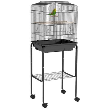 Pawhut Bird Cage Budgie Cages For Finch Canary Parakeet With Stand Wheels Slide-out Tray Accessories Storage Shelf, Black