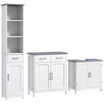 Kleankin Bathroom Furniture Set With Adjustable Shelves, Tall Bathroom Storage Cabinet With Open Shelves, Bathroom Floor Cabinet With Drawers, Pedestal Sink Cabinet, White