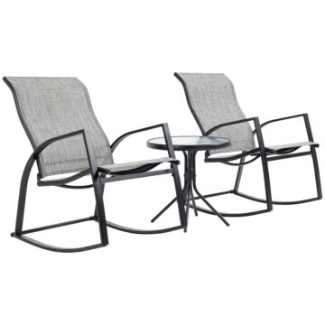 Outsunny 3 Pieces Outdoor Patio Bistro Set W/ 2 Rocking Chairs And Tempered Glass Table For Garden, Porch, Poolside, Grey