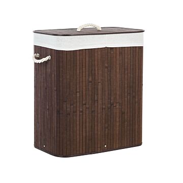 Basket With Lid Dark Wood Bamboo Laundry Hamper 2-compartments With Rope Handles Beliani