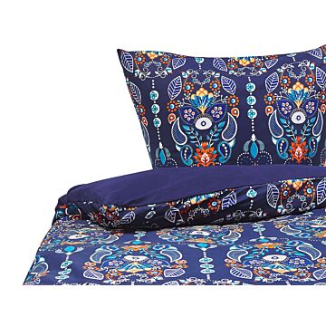 Duvet Cover And Pillowcase Set Dark Blue Cotton 135 X 200 Cm Floral Pattern Bedroom Linen Duvet Set Modern Beliani