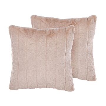 Set Of 2 Throw Cushions Light Pink Polyester 45 X 45 Cm Glam Embossed Zipper Furry Living Room Bedroom Beliani