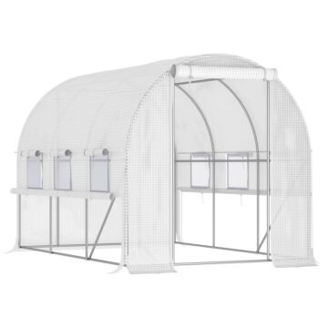 Outsunny 3 X 2 X 2m Walk-in Tunnel Greenhouse, Polytunnel Tent With Pe Cover, Zippered Roll Up Door And 6 Mesh Windows, White