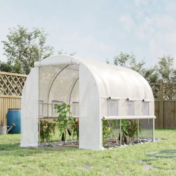 Outsunny 3 X 2 X 2m Walk-in Tunnel Greenhouse, Polytunnel Tent With Pe Cover, Zippered Roll Up Door And 6 Mesh Windows, White