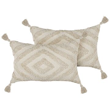 Decorative Cushion Beige Cotton 40 X 60 Cm With Tassels Boho Geometric Pattern Handmade Accent Piece Beliani