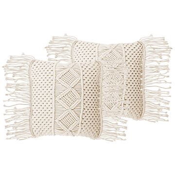 Decorative Cushion Set Of 2 Beige Cotton Macramé 40 X 45 Cm With Tassels Rope Boho Retro Decor Accessories Beliani