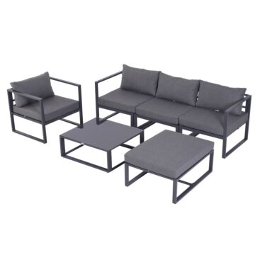 Outsunny 6 Pcs Outdoor Indoor Sectional Sofa Set Thick Padded Cushions Aluminium Frame 5 Seaters 1 Coffee Table Footrest Grey