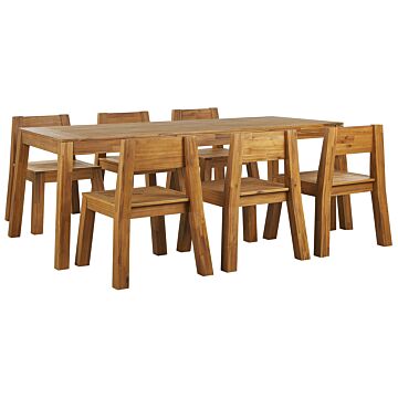 Garden Dining Set 7 Pieces Light Solid Acacia Wood Rectangular Table 6 Chairs Indoor Outdoor Rustic Style Modern Design Beliani