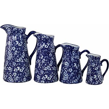 Set Of 4 Ceramic Jugs, Vintage Blue & White Daisies Design