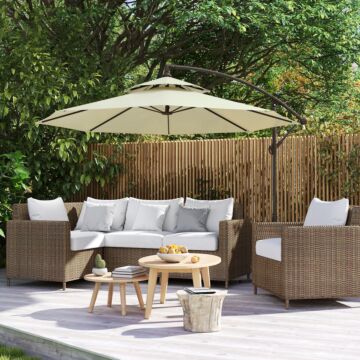 Outsunny 2.7m Garden Banana Parasol Cantilever Umbrella With Crank Handle, Double Tier Canopy And Cross Base, Hanging Sun Shade, Beige