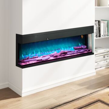 Homcom 60inch/ 152cm Media Electric Fireplace Wall Mounted, Recessed, Insert, Freestanding, Glass Electric Fire With Adjustable Led Flame Effect, Log, Crystal, Remote Control, 1800w, Black | Aosom Uk