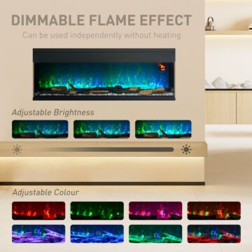 Homcom 60inch/ 152cm Media Electric Fireplace Wall Mounted, Recessed, Insert, Freestanding, Glass Electric Fire With Adjustable Led Flame Effect, Log, Crystal, Remote Control, 1800w, Black | Aosom Uk