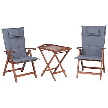 Garden Bistro Set Light Acacia Wood Table 2 Chairs With Blue Cushions Adjustable Backrest Folding Rustic Style Beliani