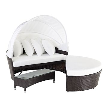 Garden Daybed White And Brown Rattan Wicker With Cushions Coffee Table Weather Resistant Beliani
