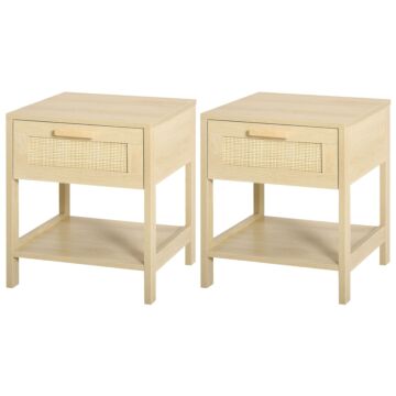 Homcom Nightstand With Rattan Drawer And Storage Shelf, Bedside End Table For Bedroom, Living Room, Set Of 2