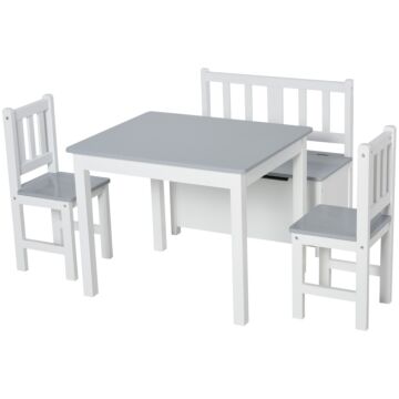 Homcom 4-piece Kids Table Set With 2 Wooden Chairs, 1 Storage Bench, And Interesting Modern Design, Grey/white