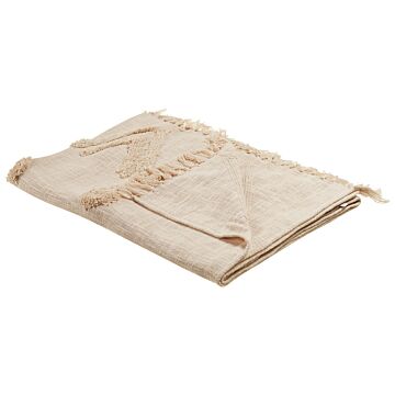 Blanket Beige Cotton 130 X 180 Cm Geometri Pattern Bed Throw Cosy Accessory Beliani