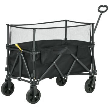 Outsunny Folding Garden Trolley, 180l Wagon Cart With Extendable Side Walls, For Beach, Camping, Festival, Black