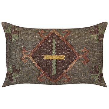 Scatter Cushion Green Jute And Wool 30 X 50 Cm Oriental Pattern Kilim Style Faded Colurs Beliani