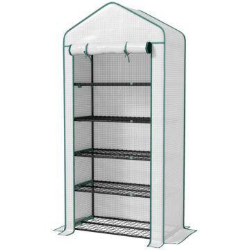 Outsunny 5 Tier Widened Mini Greenhouse With Reinforced Pe Cover, Portable Indoor Outdoor Green House With Roll-up Door And Wire Shelves, 193h X 90w X 49dcm, White