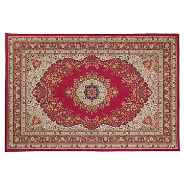 Area Rug Carpet Red Multicolour Polyester Fabric Floral Oriental Pattern Rubber Coated Bottom 140 X 200 Cm Beliani