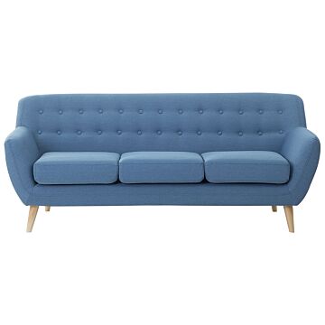 3 Seater Sofa Blue Upholstered Tufted Back Thickly Padded Light Wood Legs Scandinavian Minimalistic Living Room Beliani