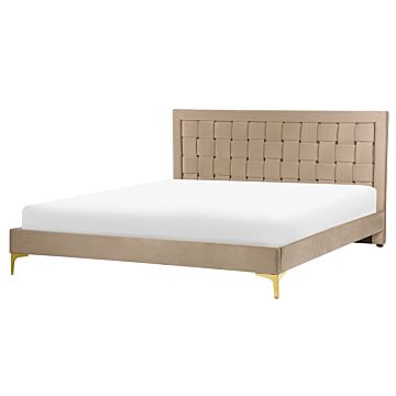Upholstered Bed Frame Taupe Velvet Eu King Size 160x200 Cm 5ft3 Headboard Golden Legs Beliani