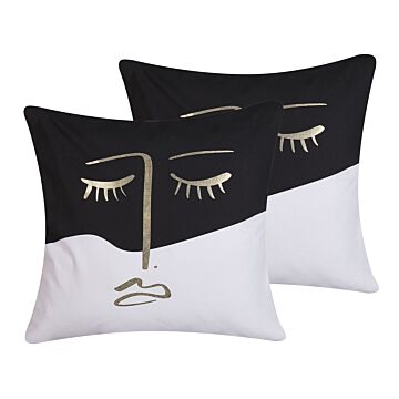 Set Of 2 Decorative Cushions Black And White 45 X 45 Cm Face Motif Square Throw Pillow Home Soft Accessory Beliani